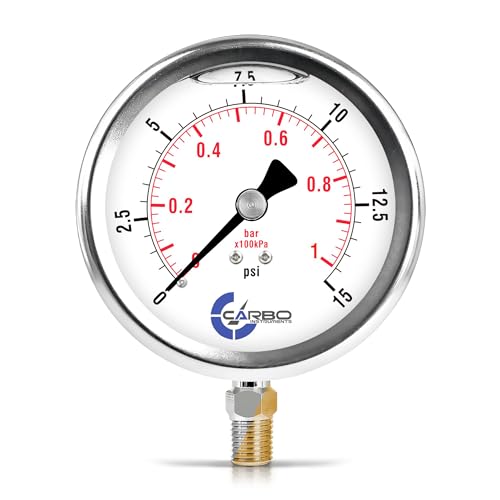 15 PSI Glycerin Liquid Filled Pressure Gauge, 4" Dial, 1/4 NPT Lower Mount, 304 Stainless Steel Case, Brass Wetted Parts, Dual Scale PSI/Bar - ASME B40.1 Grade A - size: 0-15 Psi, style: STANDARD