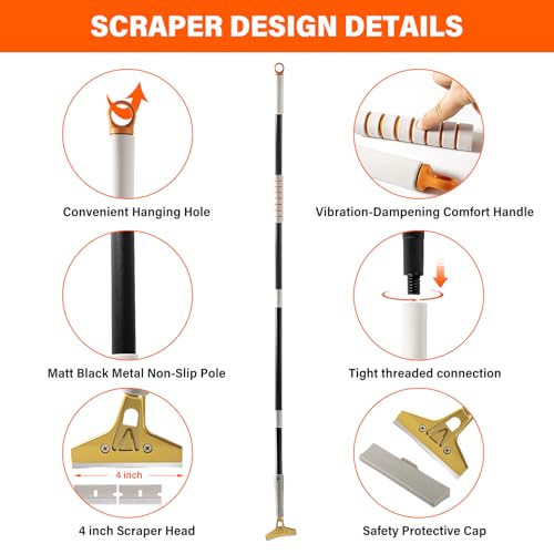 4" Wide Razor Blade Scraper Tool with Adjustable 16''-58"(1.3ft -4.8ft) Long Handle, 20PCS Extra Metal Blades, Cleaning Glass Wall Scraper, Painting stripping tools, Tile, Floors, Walls