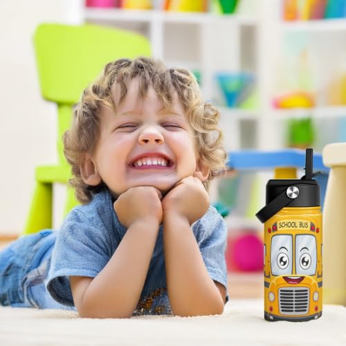 SANDJEST Kid Water Bottle 12oz with Straw Lid - 2-Pack Insulated Stainless Steel Water Bottles for Kids Girls Boys - Travel Cup for Back to School Sports Christmas Birthday (Alphabet & School Bus) - color: Alphabet + Construction