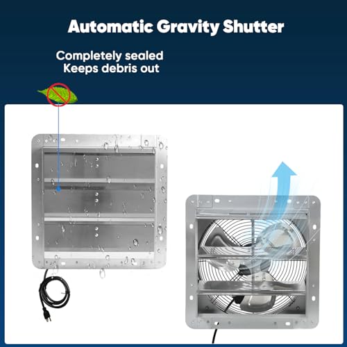 KEN BROWN 12 Inch Shutter Exhaust Fan, Gable Vent Fan, Wall Mount Ventilation, High Speed 1450 CFM, Automatic Aluminum Blades, for Garages, Shop, Greenhouse, Attic, with Power Cord - size: 12 Inch