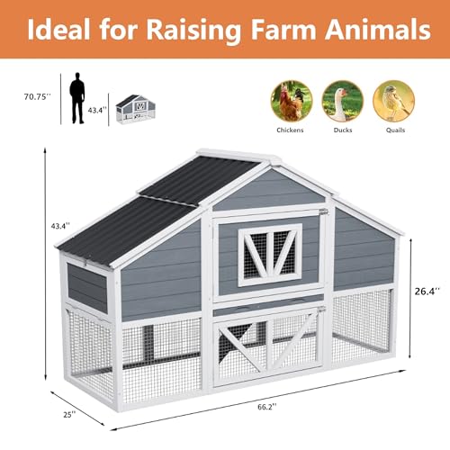 Outdoor Chicken Coop with Nesting Boxes, Wood Rabbit Hutch with Run | Hen House Poultry Bunny Cage For 4-6 Chickens Removable Tray for Easy Cleaning