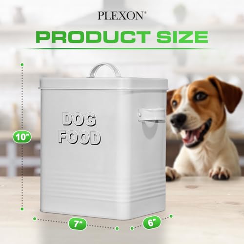 Plexon Metal Dog Food Storage Container with Scoop - Small Dog Food Container Holder Treat Jar Bin with Lid - Pet Chow Storage Canister Tin,1.5 Gallon, 7 lbs, White - color: White, 1.5 Gall Capacity