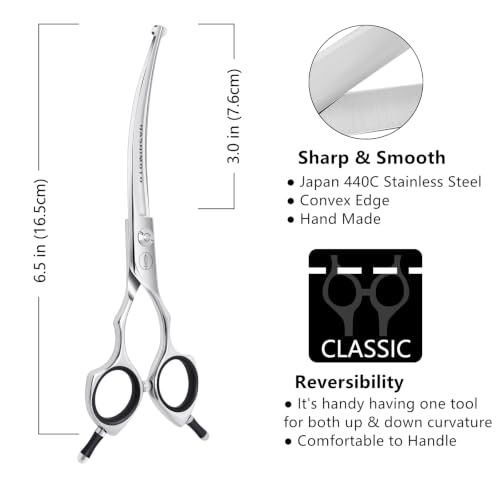 HASHIMOTO Curved Dog Grooming Scissors with Safety Round Tips, 6.5 inch. | Lightweight, No Stabbing with Blunt Tip, 440C Stainless Steel, Sharp, Friendly to amateur. - size: 6.5", style: Curved (Ball-Tip)