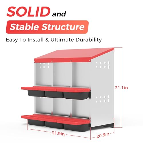6-Compartment Chicken Nesting Box, Heavy Duty Galvanized Steel Poultry Nest Box, Wall Mount/Freestanding Design for Hens, Ducks, Backyard Homesteads & Farm Use, Red, with Soft Mats, No Stand - color: Red, size: 6 Room&Mat Board