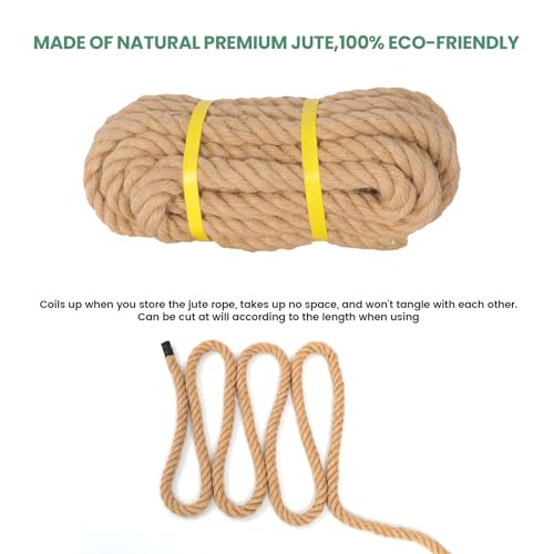 Natural Jute Rope, Heavy Duty Thick Rope, 3/4 in x 25 ft | For indoor and outdoor crafts, nautical rope decor, railings, hammocks, swings, gardening and tug of war - size: 3/4 in x 25 ft