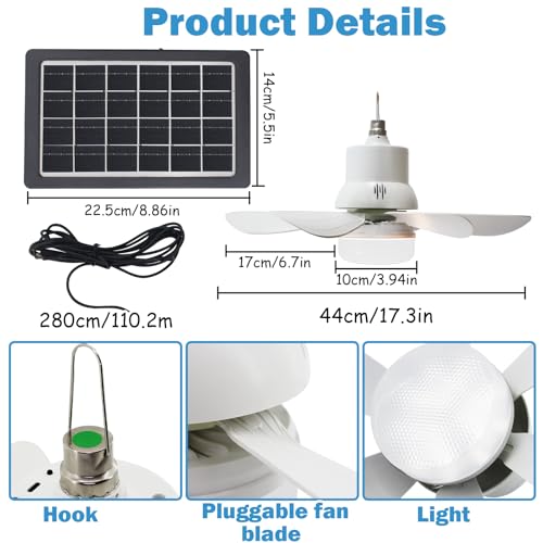 17.3in Solar Ceiling Fan Light,Small Solar Powered Rechargeable Ceiling Fan, 3 Color Light＆Remote Control, Built in 10000mah Battery for Outside Gazebo Canopy Tent, Chicken Coop,Camping