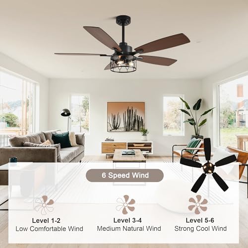 52" Farmhouse Ceiling Fan with Lights Remote Rustic Ceiling Fan | Caged Black Fandelier Industrial Chandelier Light for Bedroom Living Room, Reversible 6 Speeds, 3 E12 Bulbs (Not Included) - color: Black, size: 52 Inch