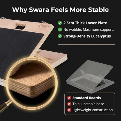 Swara 14″ Wide Wooden Slant Board for Calf Stretching & Exercise, Foldable | Adjustable incline board with thicker base, guide and bonus muscle roller; beginner-friendly, stable design, 400 lb capacity - size: 14x14 Inch