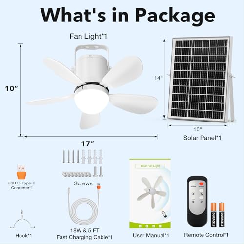Solar Ceiling Fan Light, Portable Solar Powered Gazebo Fan Light for Outside, Rechargeable Battery Camping Fan Light with Remote, for Outdoor Canopy Tent RVs Porch Patio Greenhouse Pergola - size: 17" Ceiling Fan L