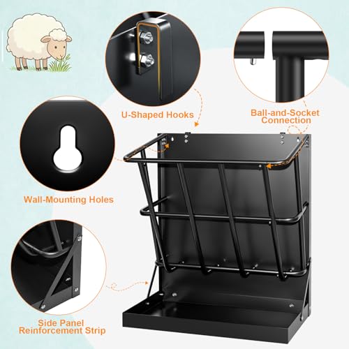 2 in 1 Wall Mount Hay and Grain Feeder, 25 Gallons Livestock Feeder | Galvanized Steel Wall Hay Rack, Hanging Hay Feeder with Mounting Kit for Goats Sheep Horse, Slow Feeder for Goats with Trough - color: Black