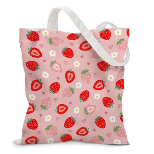 Aesthetic Canvas Tote Bag for Women - with Magnetic Snap Closure & Zipper Inner Pocket Reusable Totes Bag - color: Strawberry1