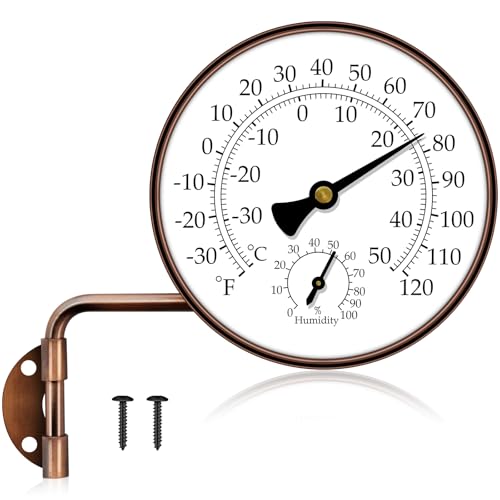 4 Inch Brass Outdoor Thermometer & Humidity Gauge, Analog Dial | Weatherproof Window Thermometer Hygrometer, °F/°C Dual Scale Battery Free, Adjustable Swivel Bracket for Patio, Greenhouse