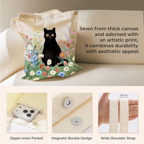 Cute Canvas Tote Bag for Women, Book Totebag with Zipper Pocket - color: Black Cat in Flower Shrubs
