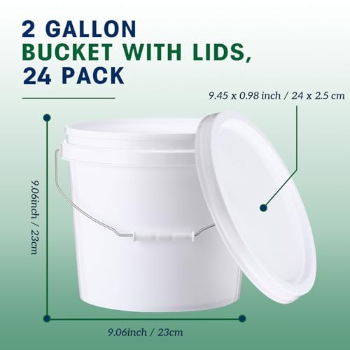 Tioncy 24 Pcs 2 Gallon Plastic Buckets with Lids and Handles,White | Storage Pails for Paint, Cleaning, Organizing, Durable Containers, Metal Handles, Plastic Material - color: White