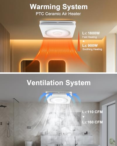 GROWNEER Powerful Oversize Bathroom Exhaust Fan with Light, 40W Bathroom Fan with Humidity Sensor, 110/160 CFM 1.0 Sone Exhaust Fan with Heater, 1800W Heating, 1500lm 2700K/4000K/5000K & Nightlight - style: Humidity & Heater