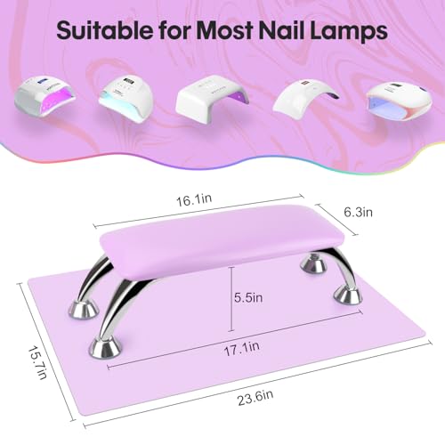 Arm Rest for Nails Tech with Table Mat for Salons and Home Manicures, Soft Microfiber Leather Nail Hand Rest for Relaxing Arms, Non-slip Height Hand Pillow Cushion Nail Salon Manicure (Purple)