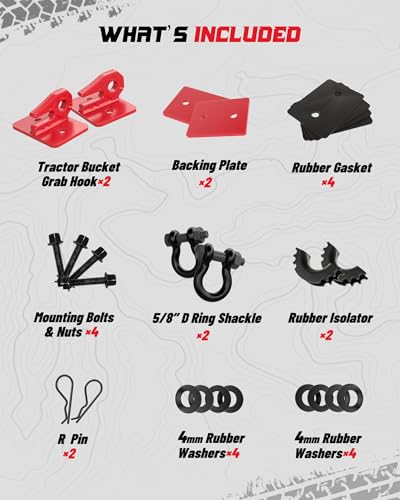 Tractor Bucket Grab Hook with 5/8" D-Ring Shackle Combo, Bolt-On Tow Hook and D-Ring Shackle, Matching Backing Plate, Rubber Gaskets & Isolators, 20000LBS Breaking Strength, 2 Set, Red&Black - color: Red&Black