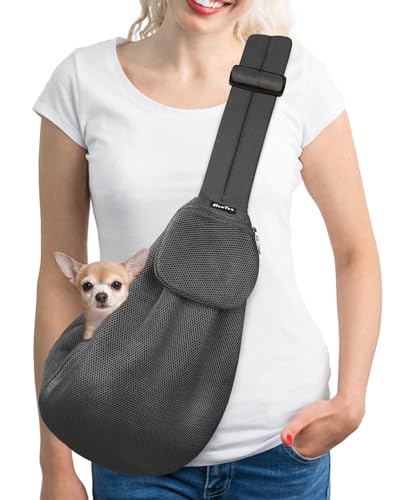SlowTon Dog Carrier Sling - Thick Padded Shoulder Strap Adjustable, DGY S | Dog Carriers for Small Dogs, Puppy Carrier Purse for Pet Cat with Front Zipper Pocket Safety Belt Machine Washable - color: B-Dark Grey Breathable Fabric