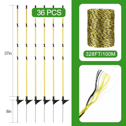 36 Pcs 45 Inch Electric Fence Posts for Sheep, Lamb,Yellow Black | 328 ft Electric Fence Poly Wire – Easy Step-in Temporary Fencing Kit for Deer, Livestock, Garden, Backyard, Farm