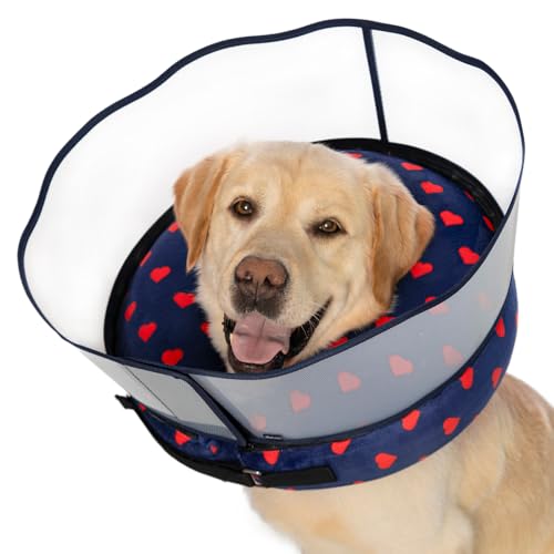 Inflatable Dog Cone Collar with Enhanced Anti-Licking Shield – Soft Adjustable Recovery Collar for Dogs & Cats After Surgery – Fits Large, Medium, Small Pets (Blue Love, Small) - color: Love, size: Small
