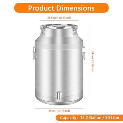 50 Liter 13.2 Gallon Milk Can 304 Stainless Steel Milk Bucket Heavy Duty Wine Pail Bucket with Spigot Milk Can Tote Jug with Sealed Lid for Milk and Wine (50L) - size: 50L