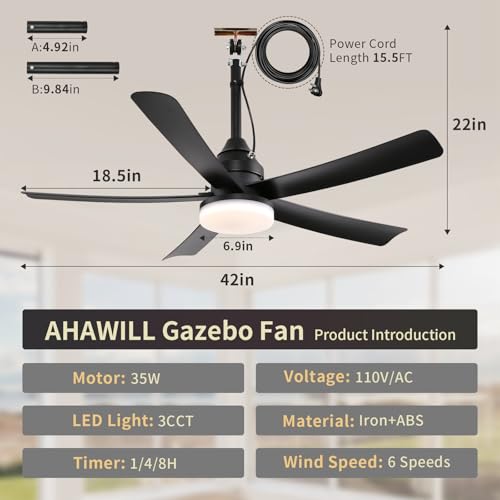 AHAWILL 42" Waterproof Outdoor Ceiling Fan with Light,Hook Hanging | Plug-in,3CCT Dimmable Light,6 Speeds,Remote Control,Reversible DC Motor,Hanging Outdoor Gazebo Fan for Patio,Porch,Pergola