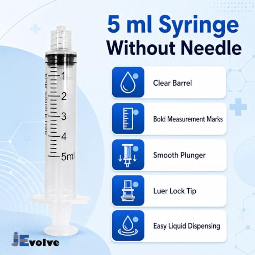 100 PCs Dental Grade 5ml Syringe Without Needle by JEVOLVE | Clear Rubber Head Non Sterile Syringes Perfect for Scientific Labs, Industrial Art & Crafts