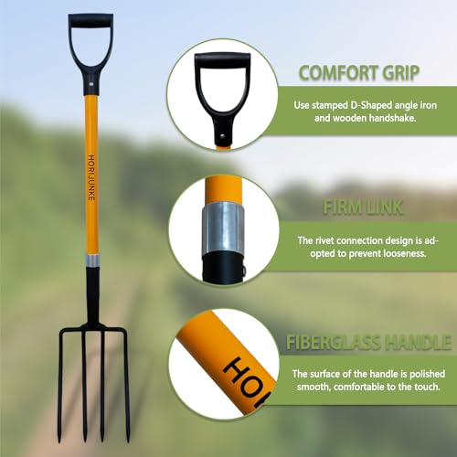 Garden Fork, 4-Tines Pitchforks,45-Inch Pitchfork for Gardening,Fiberglass Digging Fork Pole, D-Handle