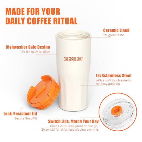 CHEERFUL GOAT Ceramic Travel Tumbler Ceramic Coffee Mug with 2 Lids | 21 OZ Stainless Steel Coffee Tumbler with Ceramic Liner,Cup for Hot and Cold at Home, Office, or On the Go （White） - color: White