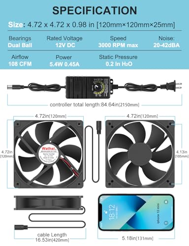 Wathai 120mm Waterproof Small Box Fan IP67 12V Computer Fan AC 110v 120v | Dual Ball Fan with AC Plug DC 12V to AC 110V 240V Speed Controller for Biltong Box Grow Tent Terrarium Aquarium Greenhouse - style: IP67 120mm fan with Controller
