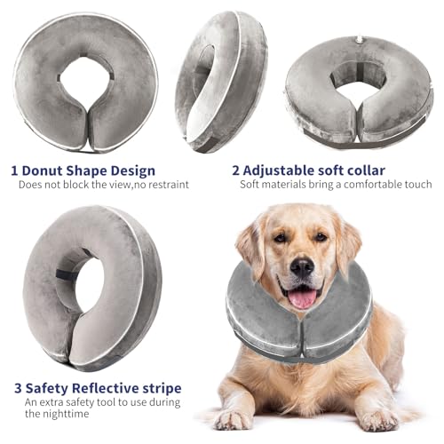 Inflatable Reflective Dog Cone Collar Alternative After Surgery,Doggie Recovery Dount Neck Ecollar,Adjustable Soft Dog Cone Collar for Small Medium Large Dogs (Grey, M) - color: Grey, size: Medium（10.5"-13"）