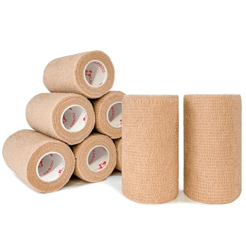 CARBOU Self Adhesive Cohesive Bandage Wrap 8 Pack 4x5yd Cohesive Tape Beige | Self Adherant Non-Woven Wrap Rolls, Atheletic Tape for Wrist, Ankle, Hand, Leg, Premium-Grade Medical Stretch Wrap - color: Beige, size: 8 Count (Pack of 1)