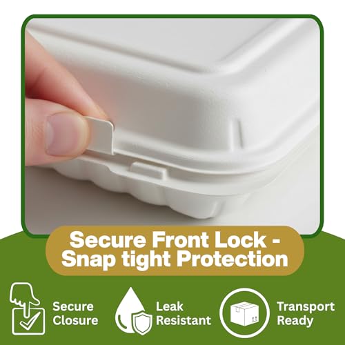 Front Lock MFPP Hinged Food Containers, Disposable Takeout Boxes | 150 Pack, 3 Compartments White, 9" x 9", Durable Microwaveable Food Service - color: White