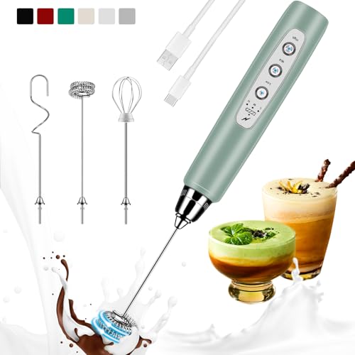 Colarlemo Milk Frother Handheld Rechargeable, Frother Wand Drink Mixer Electric Whisk for Coffee, Detachable With 3 Stainless Whisks, Hand Mixer for Lattes, Cappuccino, Matcha, No Stand, Sage Green - color: Sage Green, style: without stand