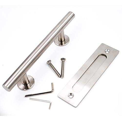Goldenwarm 12 in Sliding Barn Door Handle and Flush Pull Set-7 Inch Hole Centers Brushed Nickel Heavy Duty Hardware Stainless Steel, 2 Pack