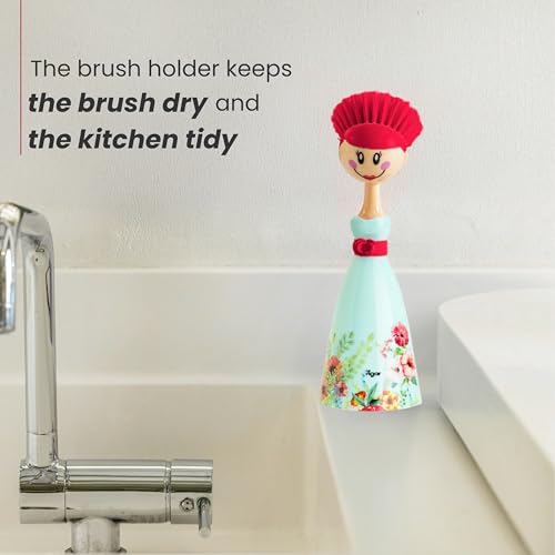 Vigar Dolls Dish Brush with Holder for Dishes - Green, Red | Dish Scrubber, Kitchen Scrub Brush, Dishwashing Brush Tool for Kitchen Sink Cleaning, Cute Standing Design - color: Green, Red