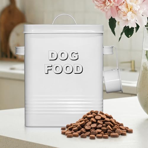 Plexon Metal Dog Food Storage Container with Scoop - Small Dog Food Container Holder Treat Jar Bin with Lid - Pet Chow Storage Canister Tin,1.5 Gallon, 7 lbs, White - color: White, 1.5 Gall Capacity