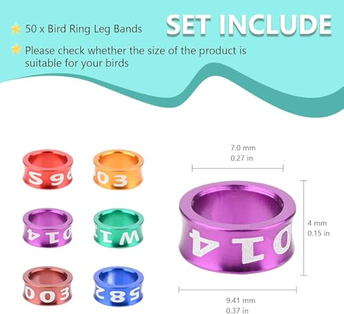 Bird Ring Leg Bands Birds Tags Ldentifying Training Rings Aluminum Alloy Closed Ring Bird Identification Leg Rings for Hibiscus Birds,Parrots,Peonies,etcMixed Colors 50 Per Pack(ID7.0MM) - size: ID7.0MM