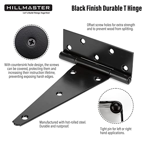 HILLMASTER 8 Inch T-Strap Heavy Duty Shed Door Hinges Gate Strap Hinges Black Tee Hinge Wrought Hardware for Wooden Fences,Yard,Barn Door,Rustproof (4 Pack) - size: 8in 4Pack