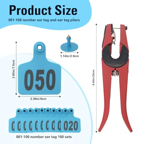 Cattle Ear Tags 001-100, 100Pcs Plastic Livestock Ear Tag for Cows Goats Sheep Pigs with Pliers Applicator & 2 Pins, Animal ID Tags for Ranch Farm Herd Tracking, Laser Print (001-100, Blue) - color: Blue