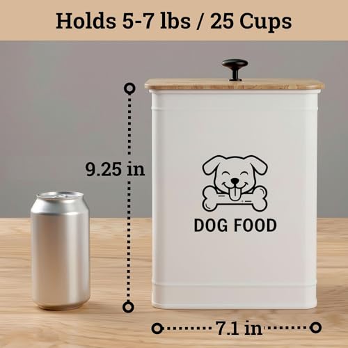 Metal Dog Food Container 5-7lb, 25 Cup w/ Airtight Bamboo Lid, Metal Handle | Pet Jar For Dogs up to 50lbs, Airtight Bamboo Lid, Sturdy Comfortable Metal Handle, Powder Coated Iron, Kibble Storage Bin - color: White: Dog Face