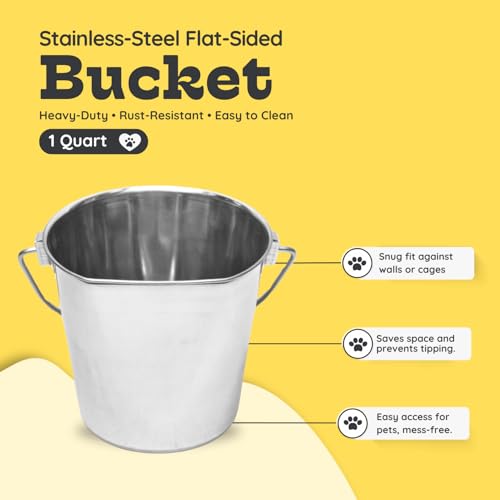 Stainless Steel Flat Side Bucket 1 Quart (0.25 Gallon)- Heavy Duty Hanging Food & Water Pail for Dogs, Cats, Birds, Kennel, Cages & Crates, Durable Rustproof Multi-Purpose Feeding Buckets - size: 1 Quarts