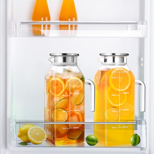 Aofmee 68oz Glass Pitcher with Lid and Handle for Fridge, Clear Handle | Iced Tea Pitcher for Fridge, Borosilicate Glass Carafe, Sun Tea Jar, Dual Pour Stainless Lid, Dishwasher Safe - color: Clear Handle
