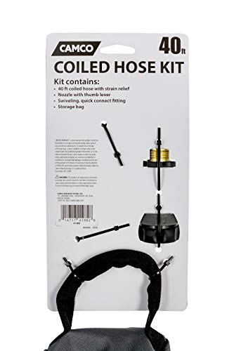 Camco 40’ Coiled Water Nozzle with Adjustable Spray Pattern Kit – Hose Design Prevents Kinking and Tangling, for Car Washing and Gardening (41982) - style: 40' Coiled Water Hose Kit