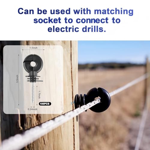 Electric Fence Insulators, 100 PCS Self-Tapping for Wood Posts | Ranch & Farm Fencing, PP+PE, 3.7-Inch Insulators, 1.8-Inch Self-Tapping Screw, Fits Polywire, Tape, Rope, Steel Wire