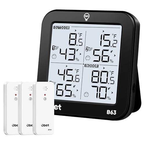 OBET Weather Station Wireless Indoor Outdoor Thermometer Wireless, Digital Temperature and Humidity Monitor with 3 Sensors, Adjustable Backlight, USB Port (500 Feet) - color: Black-Small