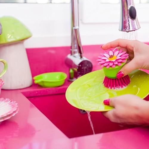 Vigar Flower Power Palm Dish Scrub Brush with Holder - Pink, Green | Kitchen Brushes for Dishes, Sink Brush, Cleaning Brushes for Household Use - color: Pink, Green