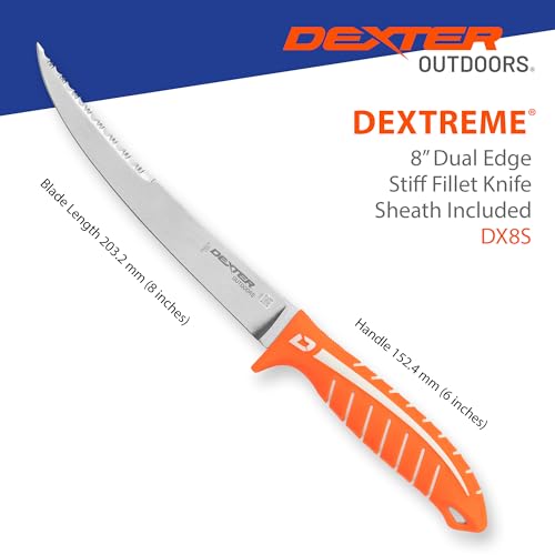 Dexter Outdoors Dextreme Dual Edge 8" Stiff Fillet Knife with Sheath | Stiff dual edge high-carbon stainless blade for firm control on big fillets. Protective sheath included for transport. - style: 8" Dual Edge Stiff