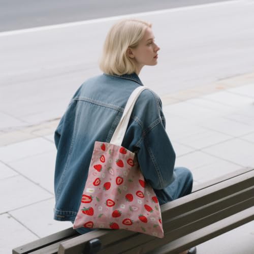 Aesthetic Canvas Tote Bag for Women - with Magnetic Snap Closure & Zipper Inner Pocket Reusable Totes Bag - color: Strawberry1