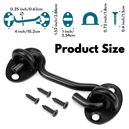 2Pack 4" Hook and Eye Gate Door Latch w/Strong Sturdy Screws Black | Solid Thicken Screws Hardware Barn Door Lock for Sliding Door Cabinets Closets Fences Sheds Screen Doors Bathroom Bedroom - color: Black, size: 4 Inch